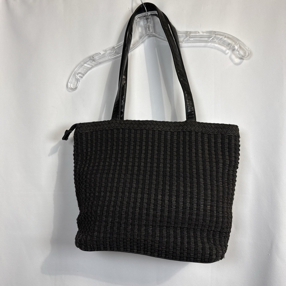 The Sak Black Crochet Zip Top Shoulder Bag Original Design Leather Straps.